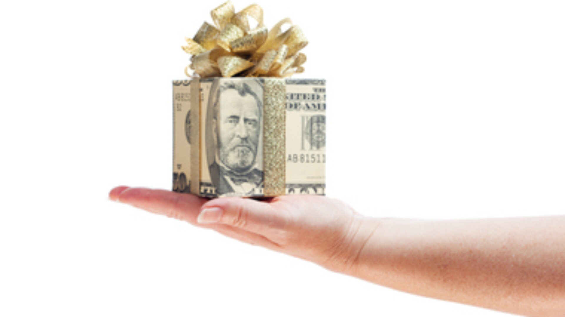 Hand Offering Gift of Money in Gold Ribbon on White