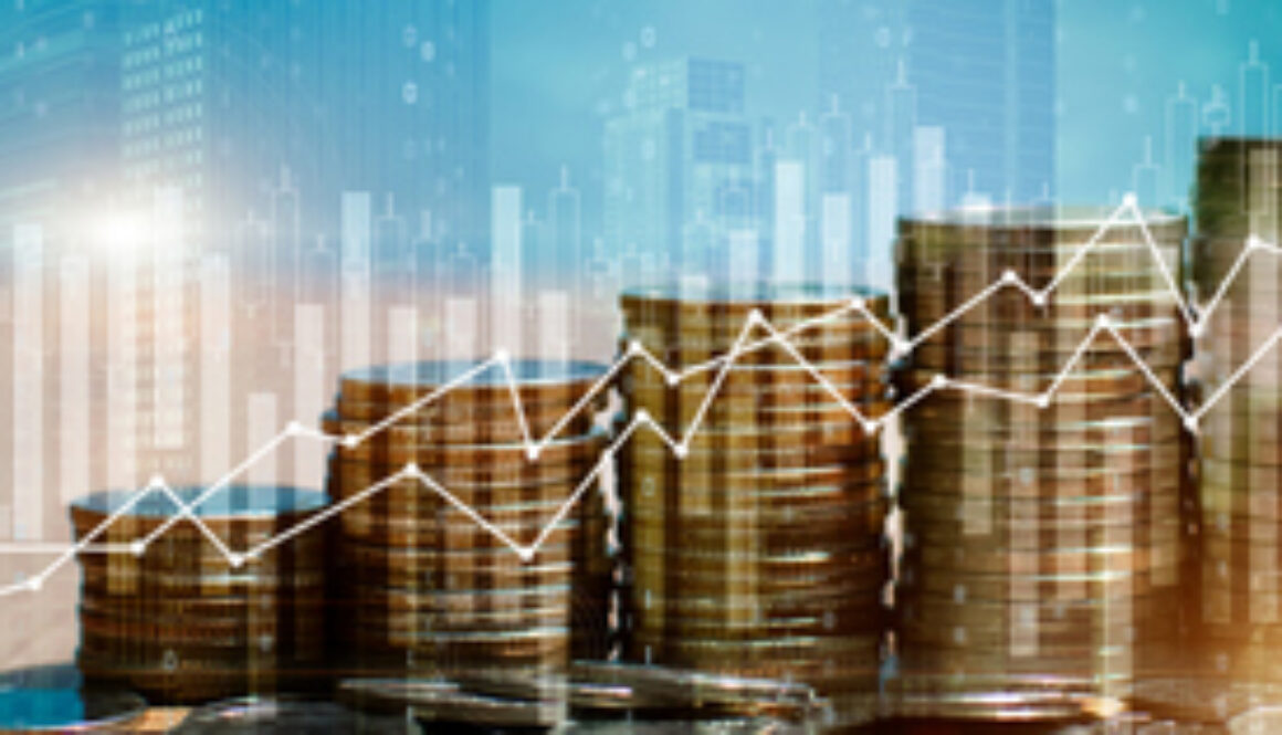 Double exposure of stack of money coin with trading graph for finance investor. Cryptocurrency digital economy. Financial investment and city background concept.