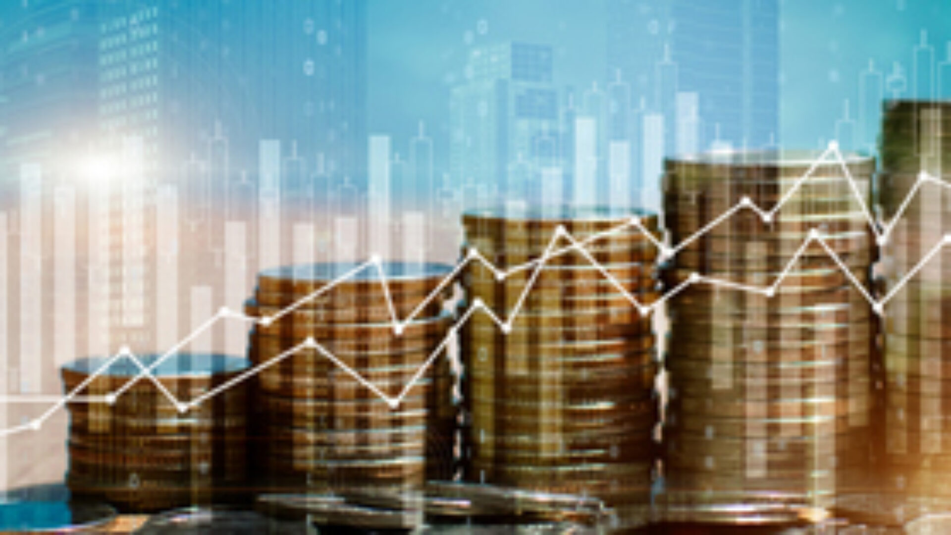 Double exposure of stack of money coin with trading graph for finance investor. Cryptocurrency digital economy. Financial investment and city background concept.