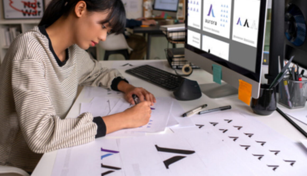 Asian Graphic designer working in office. Designing logo Artist Creative Designer Illustrator Graphic Skill Concept.