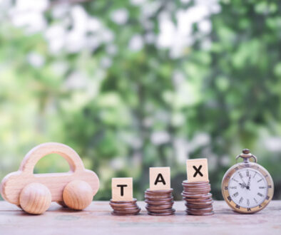 Vintage watch, Wooden toy car and wooden blocks with the word TAX on stack of coins. The concept of saving for paying tax. Manage time to success transportation, Car loan