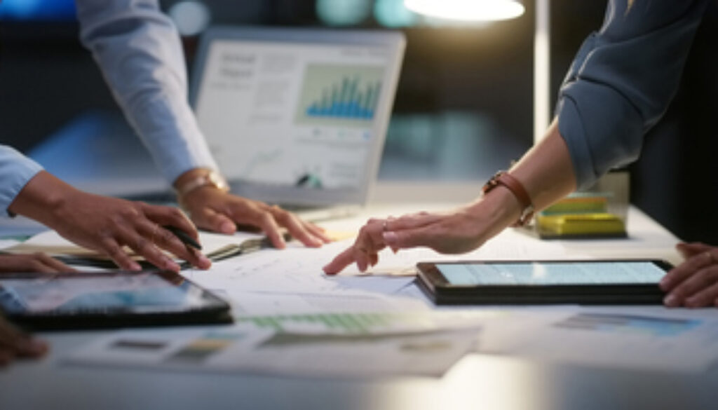 People, meeting and night graphs or laptop data analysis, for statistics research, budget report or teamwork. Business, group hands and documents, paperwork or computer screen for planning of charts