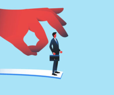 Giant hand flicking employee vector illustration.