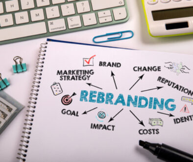 Rebranding Concept. Chart with keywords and icons on office desk