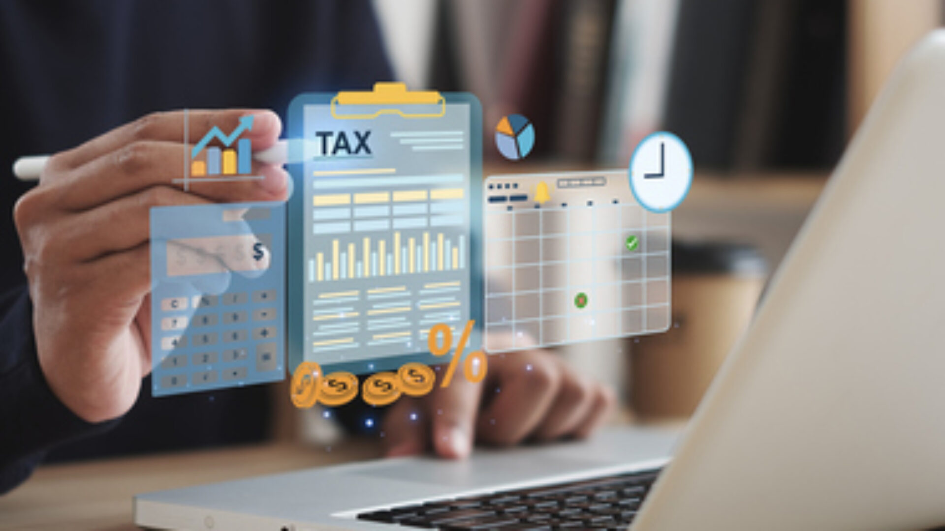 Tax concept. Person using computer to fill out personal income tax return to pay taxes online. State tax. Financial research. data analysis, documents, reports, tax returns, calculations.