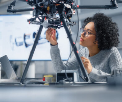 Concentrated Black Female Engineer Writing Code. Developing Software for Modern Drone Control in the Research Center Laboratory. Technological Breakthrough in Flight Industries Concept.