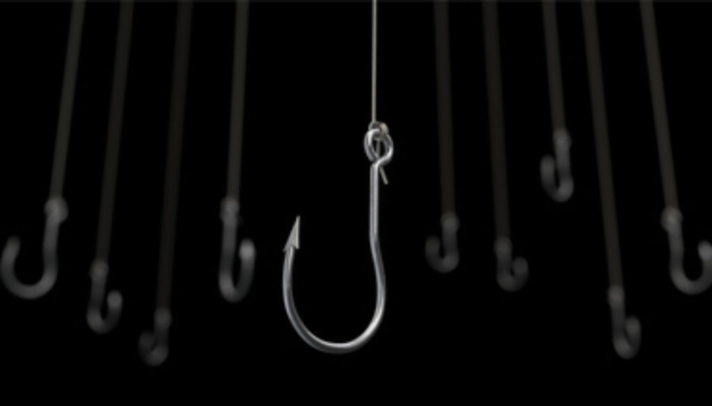 Many fishing hooks against a black background