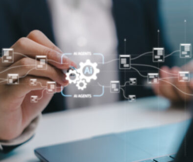Businessman using AI agents to automate document management and data workflow across digital systems, showing smart process optimization.