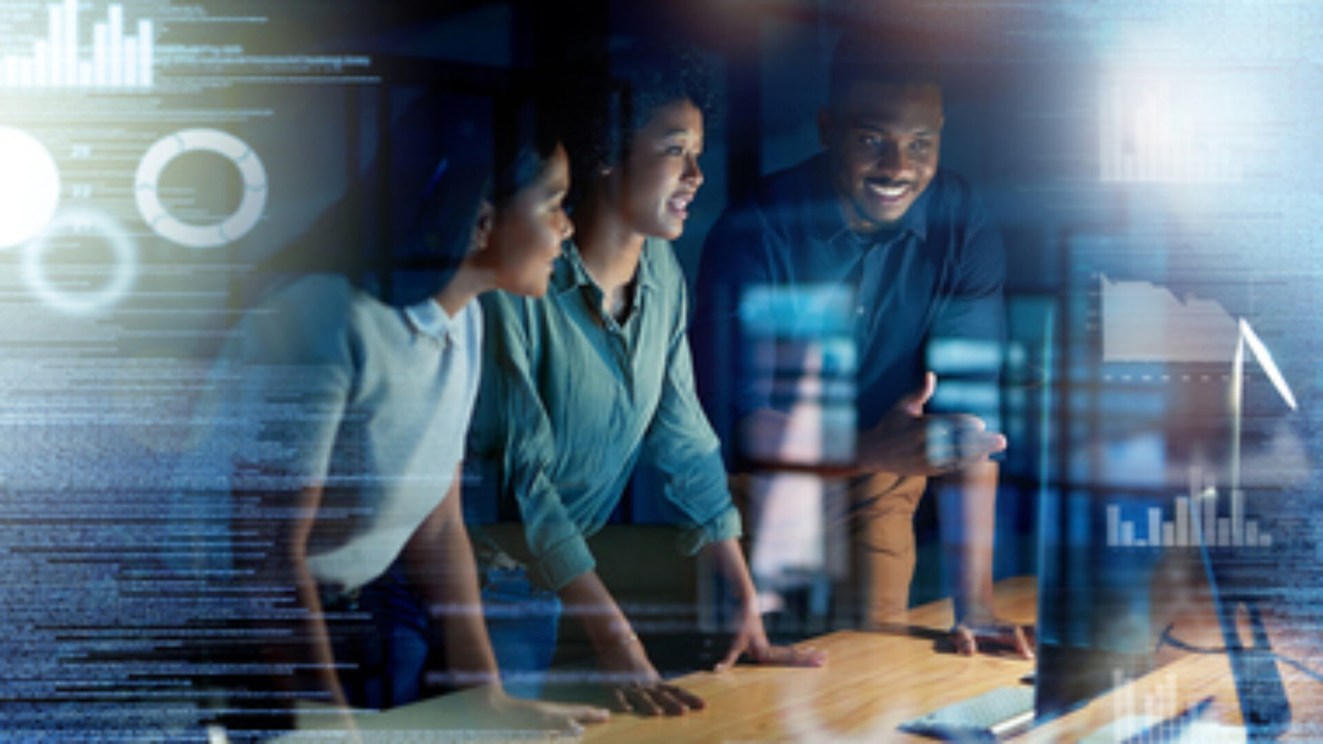 Overlay, futuristic and programmer team coding a future app, website or web on the internet online at night in an office. Overtime, teamwork and group of people or colleagues planning for innovation