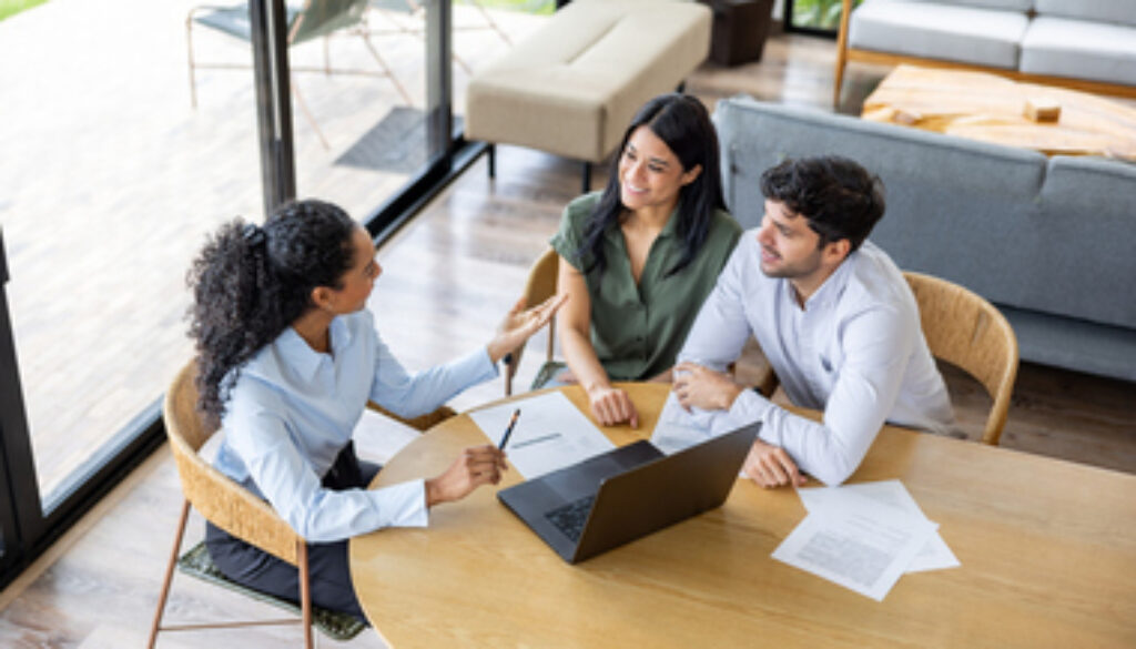 Real estate agent making a sales pitch to a couple buying a house