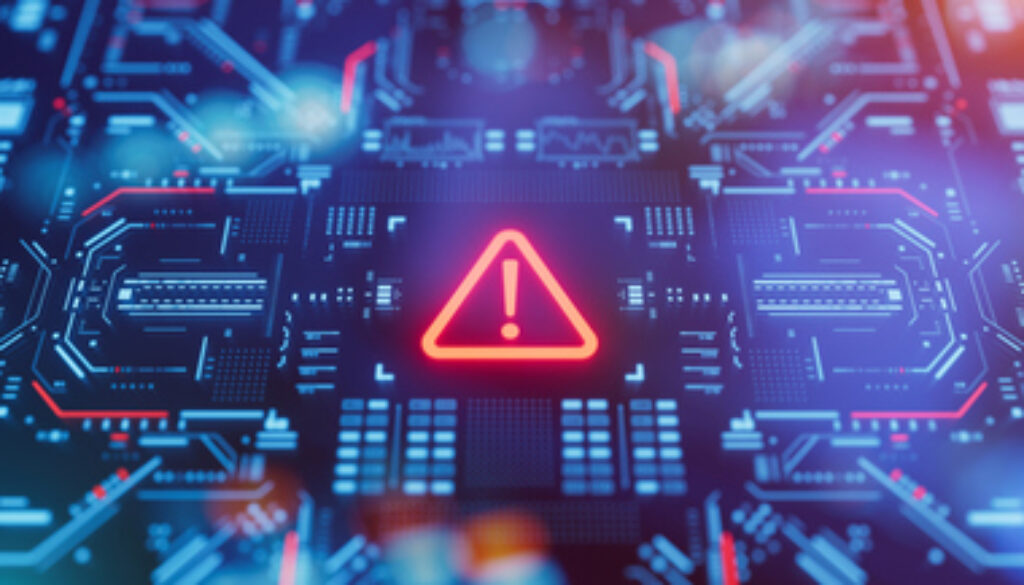 Warning icon on a digital LCD display with reflection.